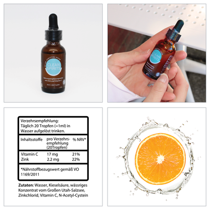 ROOT Cleanspirits: Etikett mit der Flasche Cleanspirits und den Inhaltsstoffen samt Verzehrsempfehlung